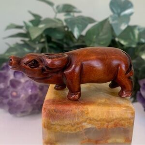 Boxwood Netsuke Ox Figurine Hand Carved Wood Buffalo Figure Animal Carving 3.4"
